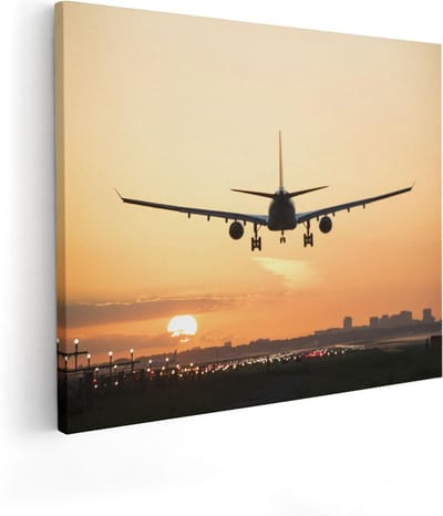 Artaza Canvas Schilderij Zonsondergang - 50x40 cm - Wanddecoratie Vliegtuig - Muurdecoratie Luchthaven - Kamer Accessoires