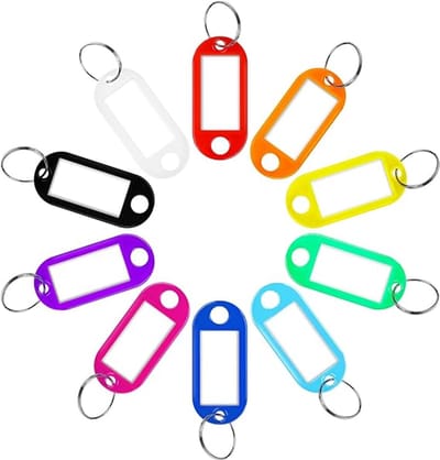 Verpakking van 50 stuks - Sleutelhangers - Labels - Categorielabels - Labels - Sleutellabels - Naamkaartjes - Geschikt voor koffers, aktetassen, rugzakken, reizen, huisdieren, kantoor en thuisorganisatie - Diameter 1,8 cm - 4,8 x 2,2 cm - 10 kleuren