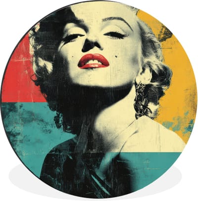 WallCircle - Wandcirkel - Muurcirkel - Vrouw - Rode lippen - Abstracte kleurvlakken - Popartuistraling - Aluminium - Dibond - 30x30 cm - Binnen en Buiten