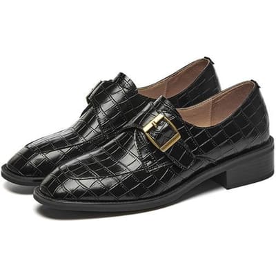 Chaussures en cuir véritable pour femmes, mocassins à enfiler avec boucle et motif pierre, bout rond, talon épais, chaussures faites à la main, taille 34 à 40 38 noir
