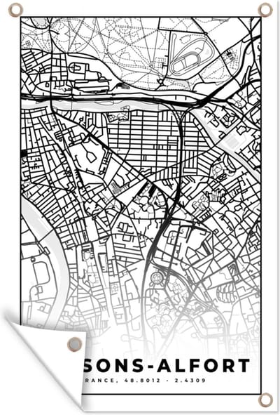 Muurdecoratie Stadskaart - Plattegrond - Maisons-Alfort - Kaart - Frankrijk - Zwart wit - 120x180 cm - Tuinposter - Tuindoek