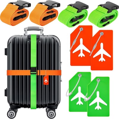 Bagagebanden - TENZHVXI® - 8 delige reisset - Met 4 PVC labels - Verstelbaar tot 180 cm - Met slot en gesp - Geschikt voor de veiligheid van bagage - Voor trolley, koffer en tas - Oranje/groen