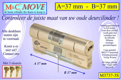 M&C MOVE - High-tech Security deurcilinder - SKG*** - 37x37 mm - Politiekeurmerk Veilig Wonen - inclusief gereedschap MilaNNE montageset