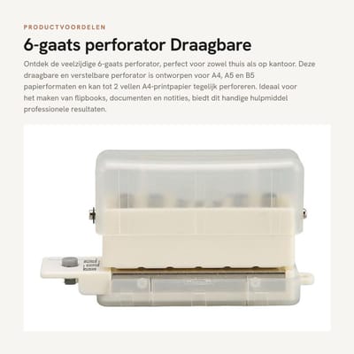 Dailygoods- Papierperforator Draagbaar - 6-gaats Perforator - Verstelbaar - Met Chip-Verzamelbox - Geschikt voor A4/A5/B5 - Stans tot 2 Vellen - Papierpons