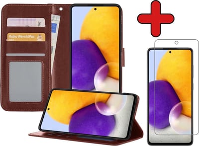Hoesje - Met Screenprotector - Geschikt voor Samsung Galaxy A72 5G - Luxe Pasjeshouder - Flipcase - Bookcase Portemonee - Flip Case - Kunstleer Book Case - Book Cover - Walletcase - Portemonneehoes - Telefoonhoes - Bruin