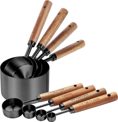 House of Husk Zwarte Maatbeker Set - Maatlepels - Acacia Hout - RVS - Maatcups - Maatschep - 8 Stuks