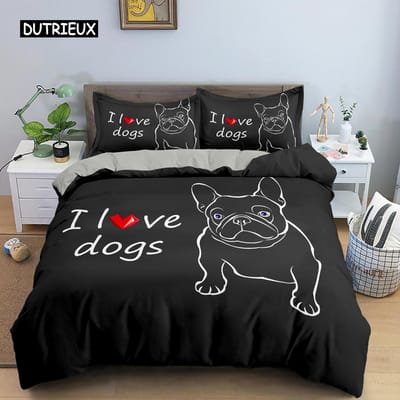 Leuke Cartoon Bulldog Patroon Dekbedovertrek Set King Full Size Beddengoed Set Kamerdecoratie Zachte Microvezel Quilt/Troosterhoes 2/3PCS AU Double(180x210cm)