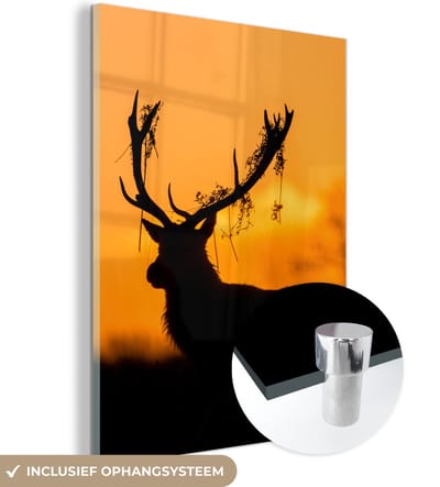 MuchoWow® Glasschilderij 120x160 cm - Schilderij acrylglas - Hert - Oranje - Silhouet - Dieren - Natuur - Foto op glas - Schilderijen