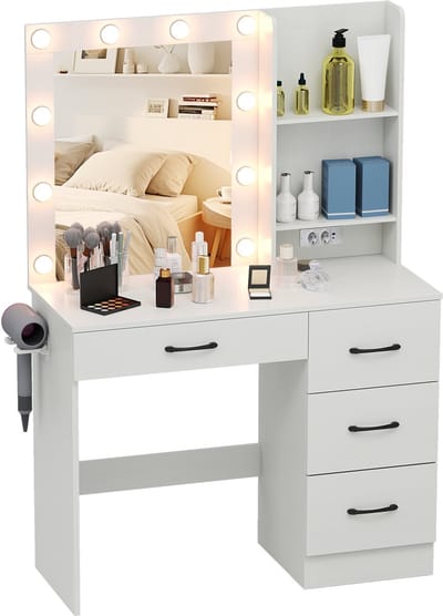 COSTWAY Make-uptafel met ledverlichting, 3 kleuren met instelbare helderheid, kaptafel met laadstation, spiegel, laden, open planken en haardrogerhouder, cosmeticatafel, wit