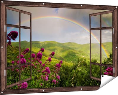 Gards Tuinposter Doorkijk Regenboog in de Heuvel Bossen - 150x100 cm - Tuindoek - Tuindecoratie - Wanddecoratie buiten - Tuinschilderij