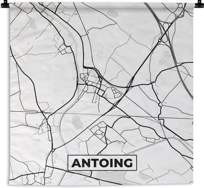 Wandkleed - Wanddoek - Zwart Wit – België – Plattegrond – Stadskaart – Kaart – Antoing - 180x180 cm - Wandtapijt