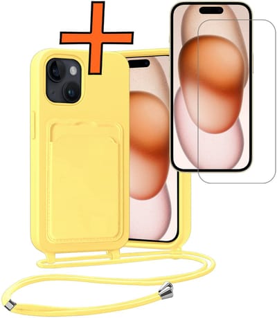Hoesje Geschikt voor iPhone 15 Plus Hoesje Met Telefoonketting Pasjeshouder Case Met Screenprotector Koord - Hoesje Geschikt voor iPhone 15 Plus Hoes Met Kaarthouder - Geel