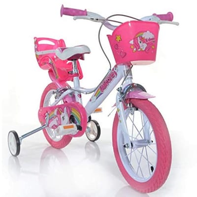 Eenhoorn Kinderfiets 14 Inch - Wit/Roze met Zijwieltjes en Fietsmand