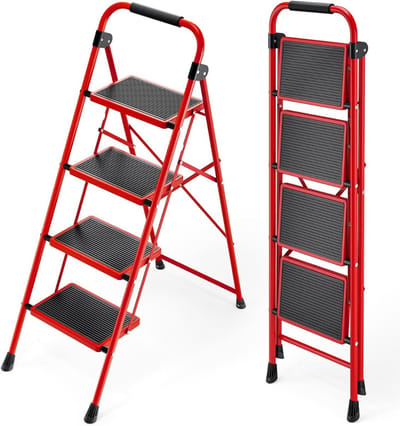 DailySupplies® Huishoudtrap 4 Treden - Keukentrap - Inklapbaar - Antislip - Extra Stevig - Zwart en Rood
