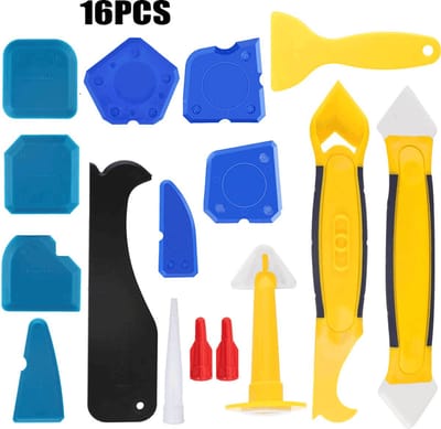 Kitspatel - 16 stuks - Kit Schraper set - kit schraper - Kitstrijker - Voegstrijker - Kitmes - Caulking Tools - Siliconen en plastic - Geel - voor badkamer keuken