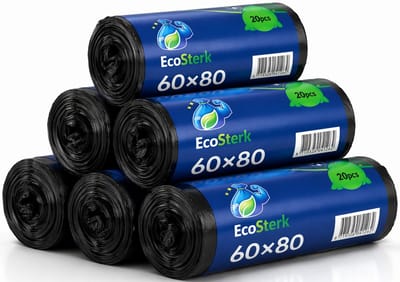 EcoSterk Vuilniszakken - 60 Liter - 20 Stuks - Afvalzakken - Gerecycled LDPE - Zwart - 6 Rollen