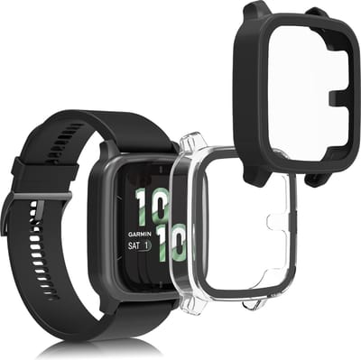 kwmobile 2x cover geschikt voor Garmin Venu Sq 2 Music / Sq 2 - Fitnesstracker cover van gehard glas en kunststof frame set transparant / zwart