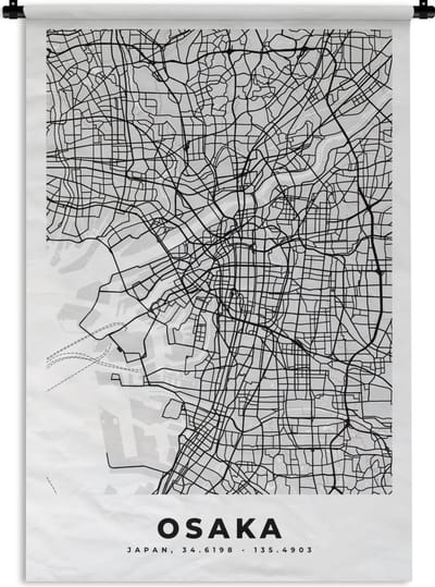Wandkleed - Wanddoek - Osaka - Stadskaart - Zwart Wit - Plattegrond - Kaart - 120x180 cm - Wandtapijt