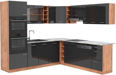 Vicco Hoekkeuken R-Line, Antraciet Hoogglans/Goudkleurig Eiken, 247 x 237 cm, WB Marmer