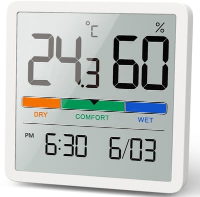 Namajunas - Binnen thermo-hygrometer - Draagbare - Mini digitale thermo-hygrometer monitor - Met comfortindicator en klok - Nauwkeurige - Magnetisch, ophangbaar en ook geschikt voor op tafel - Geschikt voor thuis, garage, kas, kelder en meer - Wit