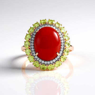 Cavill - Zilveren ring - 925 sterling zilver roségoud verguld - Carneool ovaal cabochon 13,5 ct - Peridoot 3,24 ct - Zirkonia - Elegante damesring