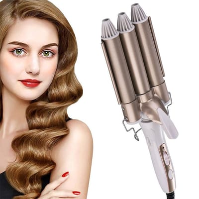 Fer à friser 3Tube fer à friser bigoudi onduler pour cheveux longs et courts beige