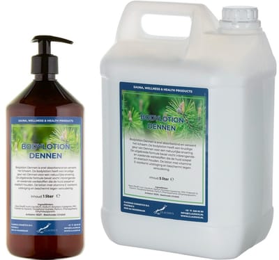 Bodylotion Dennen 1 liter met gratis pomp - hervulbaar + Jerrycan 5 Liter navulling