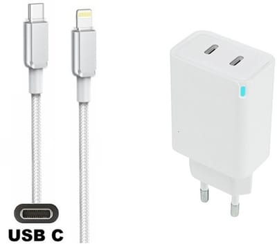 45W super snellader met 2 poorten USB C - USB C + 2,0m USB C naar Lightning kabel. Witte PD PPS lader. Oplader adapter past op Apple iPhone 8 t/m iPhone 14