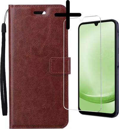 Hoesje Met Screenprotector - Geschikt voor Samsung Galaxy A25 - Luxe Pasjeshouder - Bookcase Portemonee - Flip Case - Kunstleer Book Case - Flipcase - Book Cover - Walletcase - Portemonneehoes - Bruin