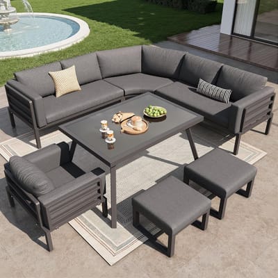 Halve Maan Loungeset Tuin 8 Personen 5-Delig met Glazen Tafel, Stoel en Krukken – Weerbestendige IJzeren Tuinset met 8 cm Dikke Kussens Grijs – Laura