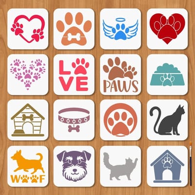 Dailygoods- Pootafdruksjablonen 16 stuks - Kunststof - 15 x 15 cm - Honden/kat sjablonen - Decoraties - Schilderkwast 16,9 cm - Schildersjablonen