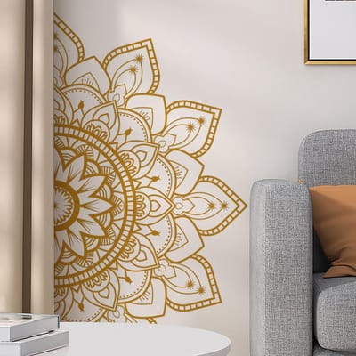 Dailygoods- Muursticker Gouden Boho Lotusbloemen - Halve Mandala - Wanddecoratie Woonkamer - Slaapkamer - Yoga - Verwijderbaar Vinyl