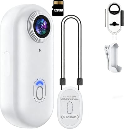 Camera – 128GB – Mini Action Camera – 4K – WiFi – Draagbaar & Wearable – Waterdicht – Inclusief draaibare achterclip, magnetisch draagkoord, datakabel, geheugenkaart en kaartlezer – Geschikt voor fietsen en huisdieren – Wit