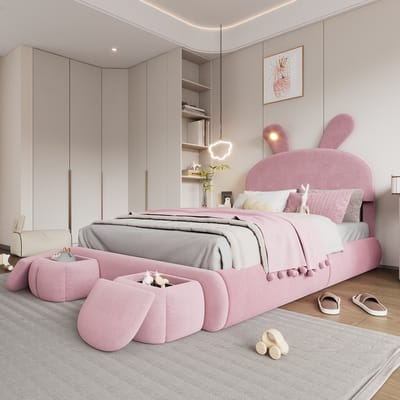 Sweiko Zacht Gewatteerd bed, Tweepersoonsbed, Hydraulisch bed, 140x200cm, konijnenoren met instelbare helderheid, warme lichtstrepen, opbergruimte onder het bed, twee opbergkrukken, fluweel, Roze