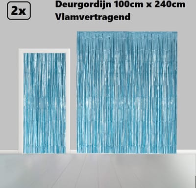 2x Folie gordijn metallic 2,4m x 1m baby blauw - Decoratie festival themafeest geboorte Hollywood gala disco glitter and glamour wanddeco