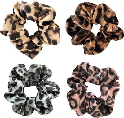 Scrunchie kraagjeskopen.nl - panterprint lichtbruin groen bruin koper satijn exclusief haarwokkel haarelastiek - 4 stuks - extra groot - scrunchies