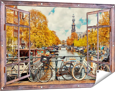 Gards Tuinposter Doorkijk Amsterdamse Brug bij een Brug met Fietsen - 120x80 cm - Tuindoek - Tuindecoratie - Wanddecoratie buiten - Tuinschilderij