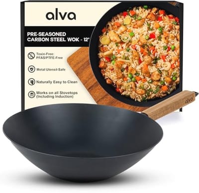 Natuurlijke 12" Nonstick Carbon Stalen Wok met Acacia Houten Handvat - Voorgekruid en Vrij van Schadelijke Stoffen voor Gezond Koken
