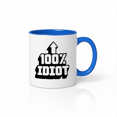 “100% Idiot” Wit-Blauwe Mok – Grappige Pijl-omhoog Grapprint – 330 ml Humoristische Koffiebeker