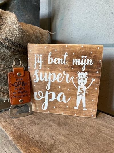 Cadeaupakket papa - vader / Tekstblok 15 cm Jij bent mijn super opa + bieropener Mijn opa / vaderdag geschenk / vaderdag cadeautjes / verjaardag / opa / papa