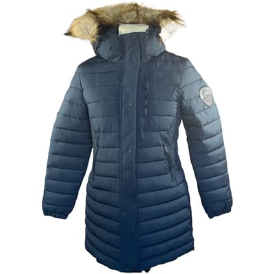 Superdry Fuji Hooded Mid Length Puffer Dames Jas - Nordic Chrome Navy - Maat Xs