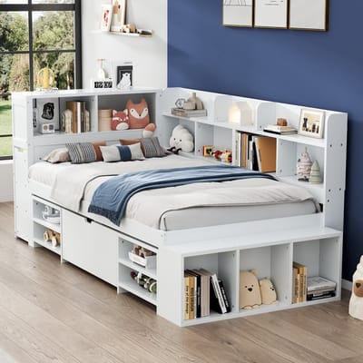 MODENUIT Kinderbed 90x200 cm – Eenpersoonsbed met lades, boekenkast en opbergkast – Lattenbodem – Zonder matras – Wit