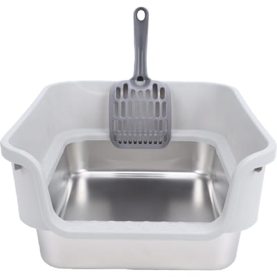 Litière pour Chat Grande Taille Ouverte sur le Dessus Parois Hautes Nettoyage Facile Litière pour Chat en Acier Inoxydable pour la Maison Gris Clair gris clair