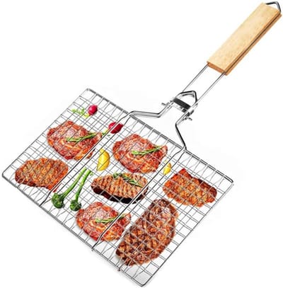 Grill Grate - RVS Grillmand - Barbecue - Vis - Groenten - Garnalen - Grillgereedschap met Houten Handvat