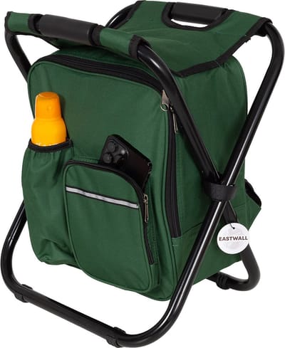 Relaxy Vouwkruk met koeltas - 3 in 1 - Draagbaar als rugzak - Koelrugzak - Uitstekend geschikt voor onderweg - Opvouwbaar viskrukje - Stevige constructie - Nylon + Staal - H41xB36xL29cm - Groen