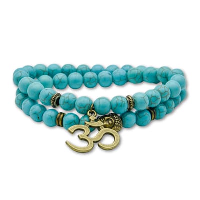 Marama - Wikkelarmband Ohm Turkoois - Damesarmband - edelsteen - elastisch - Ohm-teken - Buddha - Turquoise-Brons - cadeau dames - 2x om de pols - geschenkzakje