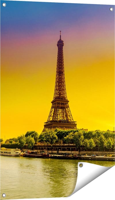 Gards Tuinposter Eiffeltoren in Parijs tijdens Zonsopgang - 60x90 cm - Tuindoek - Tuindecoratie - Wanddecoratie buiten - Tuinschilderij