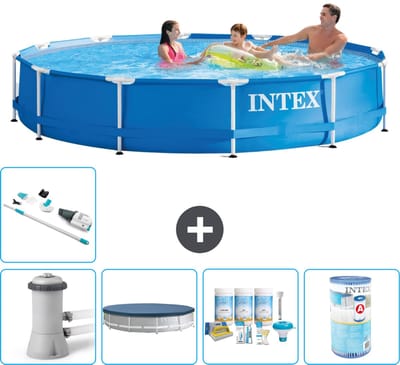 Intex Rond Frame Zwembad - 366 x 76 cm - Blauw - Inclusief Pomp - Afdekzeil - Onderhoudspakket - Filter - Stofzuiger - 6-delig