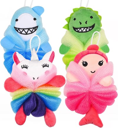 4 Stuks Bad Loofahs voor Kinderen - Cartoon Zeemeermin, Haai & Eenhoorn Badsponzen
