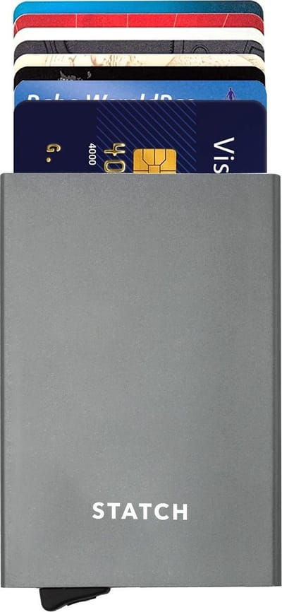 Statch Uitschuifbare Pasjeshouder - Aluminium Creditcardhouder / Kaarthouder  voor mannen en vrouwen - Anti-Skim / RFID Card Protector  7 tot 8 Pasjes - Grijs